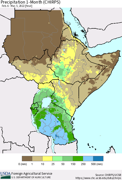 Eastern Africa Precipitation 1-Month (CHIRPS) Thematic Map For 2/6/2022 - 3/5/2022