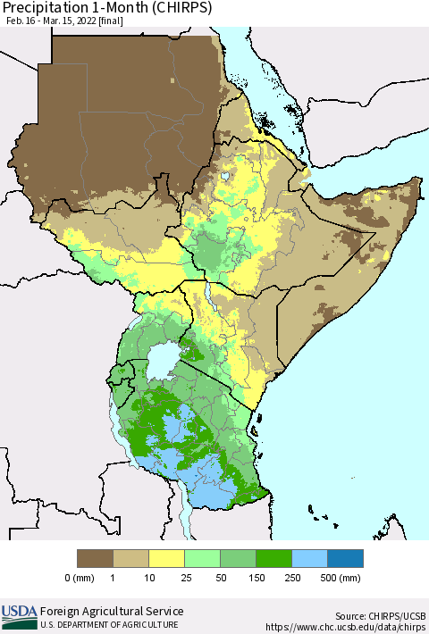 Eastern Africa Precipitation 1-Month (CHIRPS) Thematic Map For 2/16/2022 - 3/15/2022