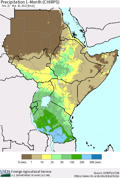 Eastern Africa Precipitation 1-Month (CHIRPS) Thematic Map For 2/21/2022 - 3/20/2022