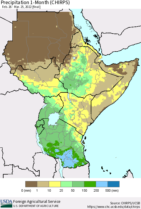 Eastern Africa Precipitation 1-Month (CHIRPS) Thematic Map For 2/26/2022 - 3/25/2022