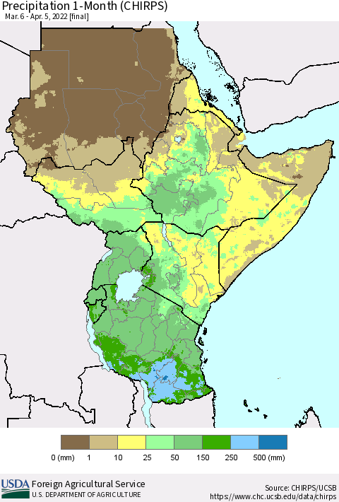 Eastern Africa Precipitation 1-Month (CHIRPS) Thematic Map For 3/6/2022 - 4/5/2022