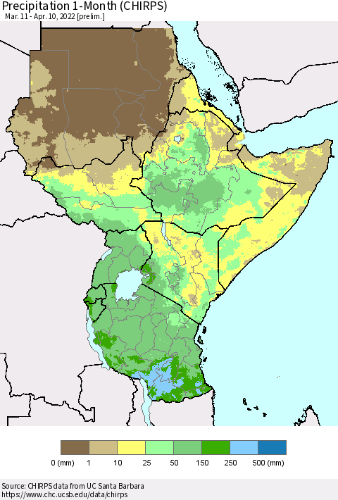 Eastern Africa Precipitation 1-Month (CHIRPS) Thematic Map For 3/11/2022 - 4/10/2022