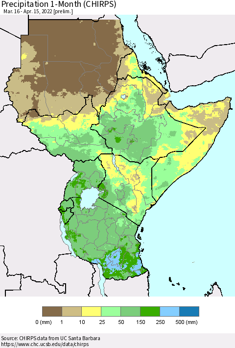 Eastern Africa Precipitation 1-Month (CHIRPS) Thematic Map For 3/16/2022 - 4/15/2022