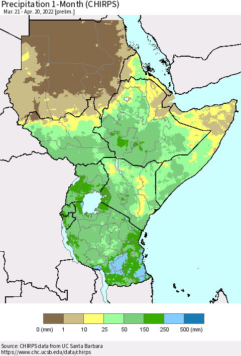 Eastern Africa Precipitation 1-Month (CHIRPS) Thematic Map For 3/21/2022 - 4/20/2022