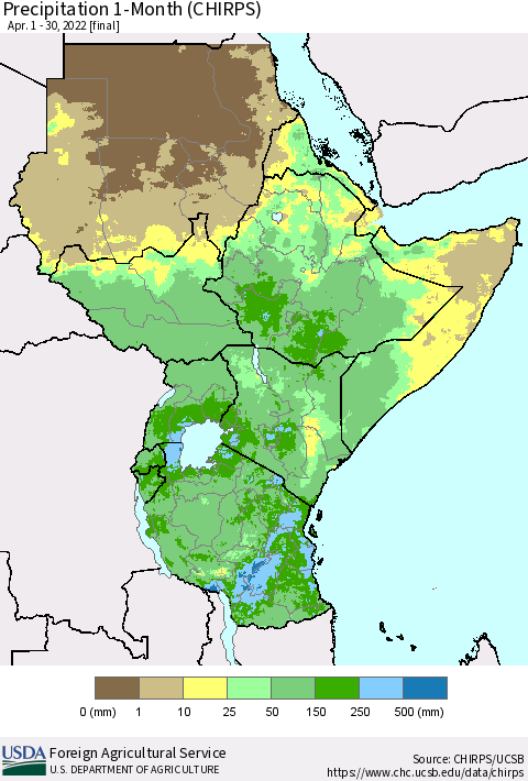 Eastern Africa Precipitation 1-Month (CHIRPS) Thematic Map For 4/1/2022 - 4/30/2022