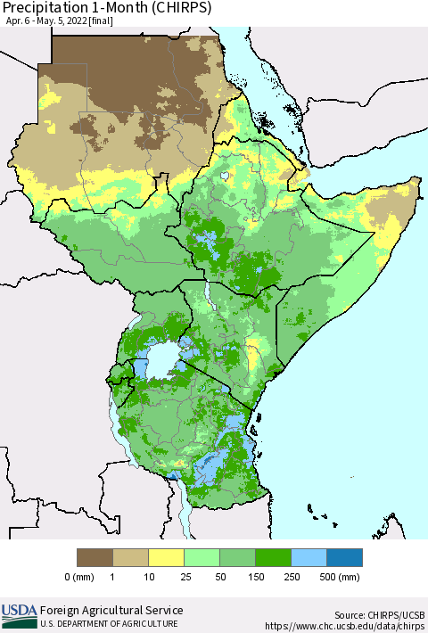 Eastern Africa Precipitation 1-Month (CHIRPS) Thematic Map For 4/6/2022 - 5/5/2022