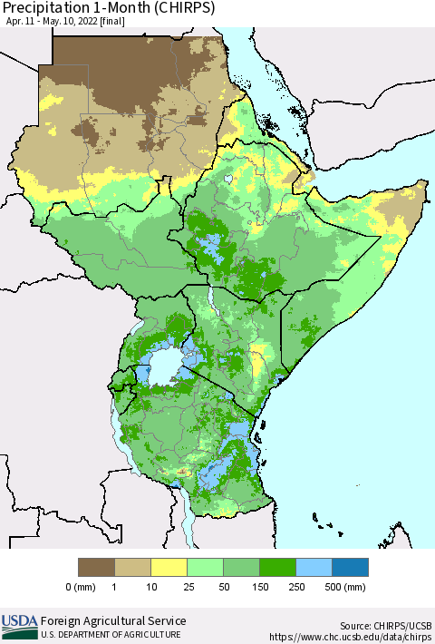Eastern Africa Precipitation 1-Month (CHIRPS) Thematic Map For 4/11/2022 - 5/10/2022