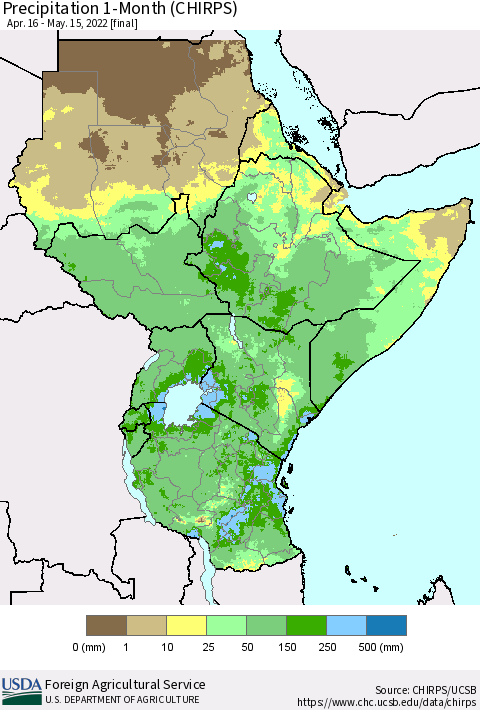 Eastern Africa Precipitation 1-Month (CHIRPS) Thematic Map For 4/16/2022 - 5/15/2022