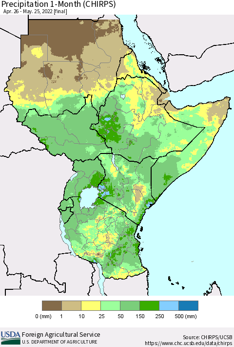 Eastern Africa Precipitation 1-Month (CHIRPS) Thematic Map For 4/26/2022 - 5/25/2022