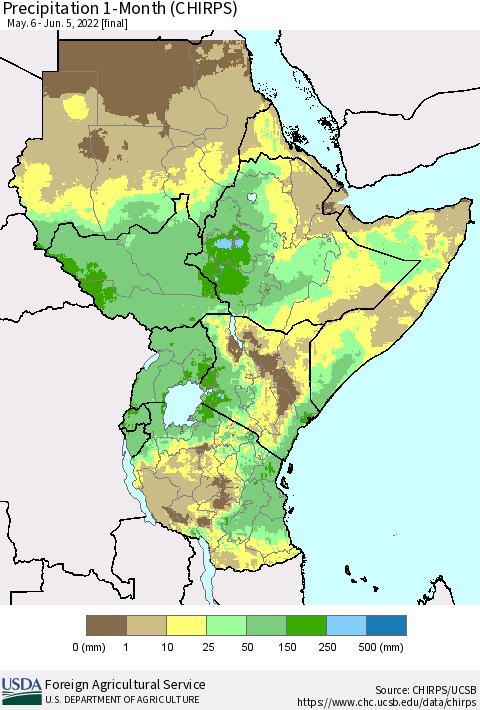Eastern Africa Precipitation 1-Month (CHIRPS) Thematic Map For 5/6/2022 - 6/5/2022