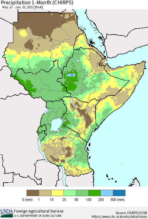 Eastern Africa Precipitation 1-Month (CHIRPS) Thematic Map For 5/11/2022 - 6/10/2022