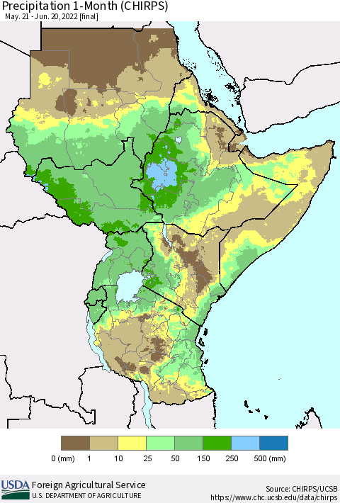Eastern Africa Precipitation 1-Month (CHIRPS) Thematic Map For 5/21/2022 - 6/20/2022