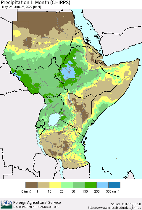 Eastern Africa Precipitation 1-Month (CHIRPS) Thematic Map For 5/26/2022 - 6/25/2022