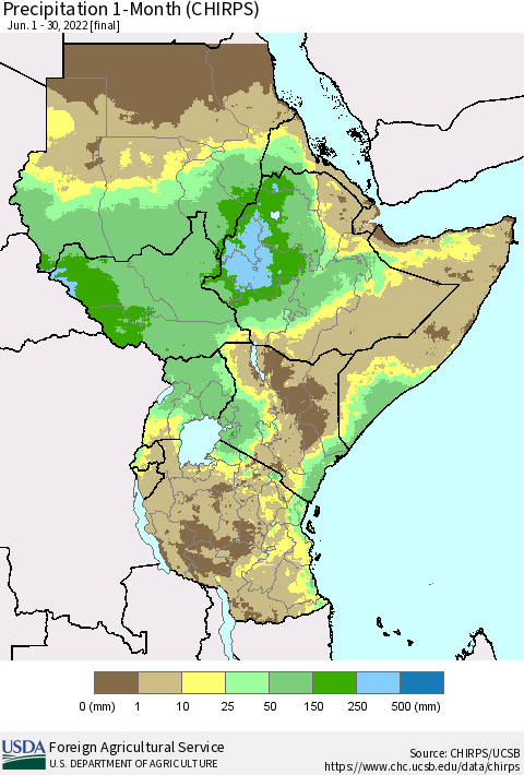 Eastern Africa Precipitation 1-Month (CHIRPS) Thematic Map For 6/1/2022 - 6/30/2022
