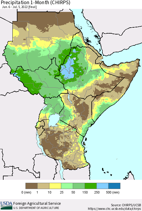 Eastern Africa Precipitation 1-Month (CHIRPS) Thematic Map For 6/6/2022 - 7/5/2022