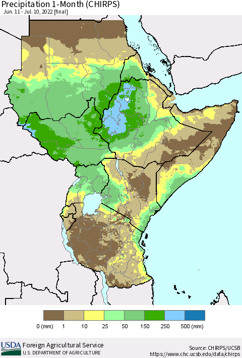 Eastern Africa Precipitation 1-Month (CHIRPS) Thematic Map For 6/11/2022 - 7/10/2022