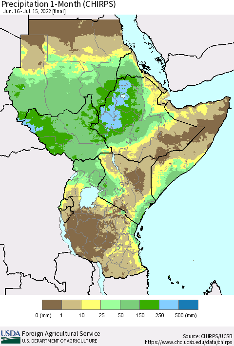 Eastern Africa Precipitation 1-Month (CHIRPS) Thematic Map For 6/16/2022 - 7/15/2022