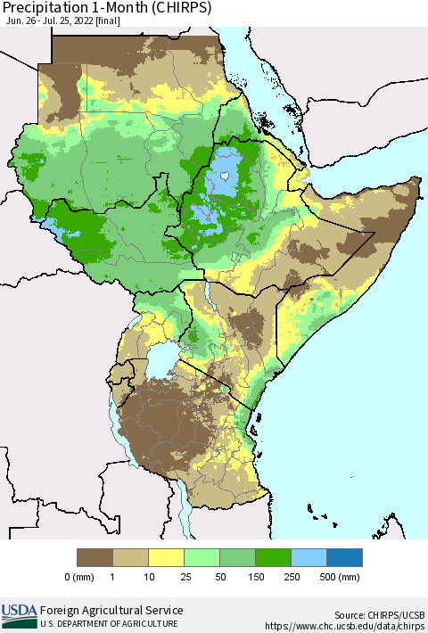Eastern Africa Precipitation 1-Month (CHIRPS) Thematic Map For 6/26/2022 - 7/25/2022