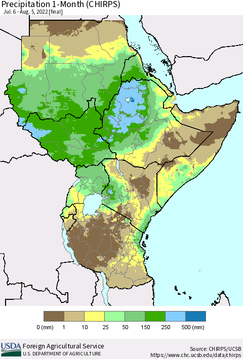 Eastern Africa Precipitation 1-Month (CHIRPS) Thematic Map For 7/6/2022 - 8/5/2022