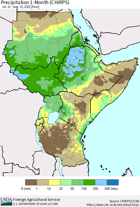 Eastern Africa Precipitation 1-Month (CHIRPS) Thematic Map For 7/11/2022 - 8/10/2022
