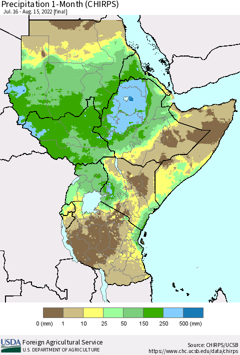 Eastern Africa Precipitation 1-Month (CHIRPS) Thematic Map For 7/16/2022 - 8/15/2022