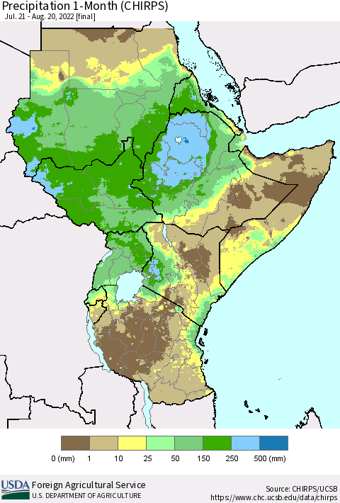 Eastern Africa Precipitation 1-Month (CHIRPS) Thematic Map For 7/21/2022 - 8/20/2022