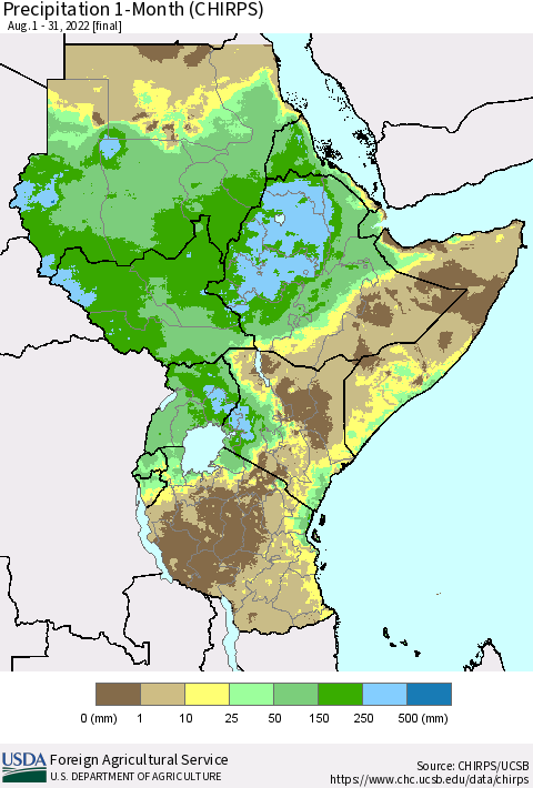 Eastern Africa Precipitation 1-Month (CHIRPS) Thematic Map For 8/1/2022 - 8/31/2022