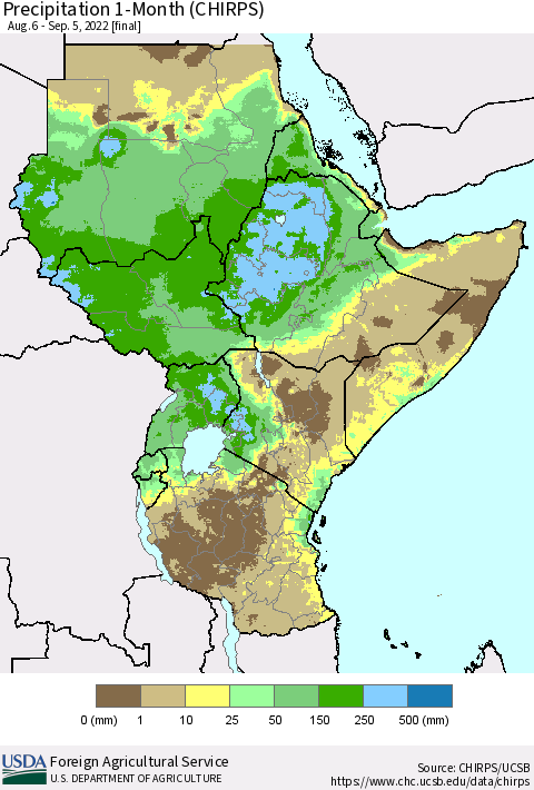 Eastern Africa Precipitation 1-Month (CHIRPS) Thematic Map For 8/6/2022 - 9/5/2022
