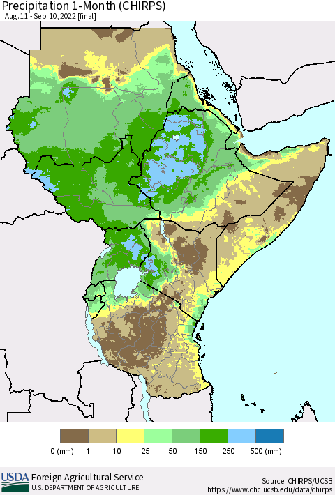 Eastern Africa Precipitation 1-Month (CHIRPS) Thematic Map For 8/11/2022 - 9/10/2022
