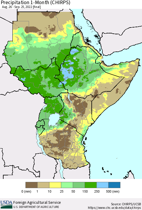 Eastern Africa Precipitation 1-Month (CHIRPS) Thematic Map For 8/26/2022 - 9/25/2022