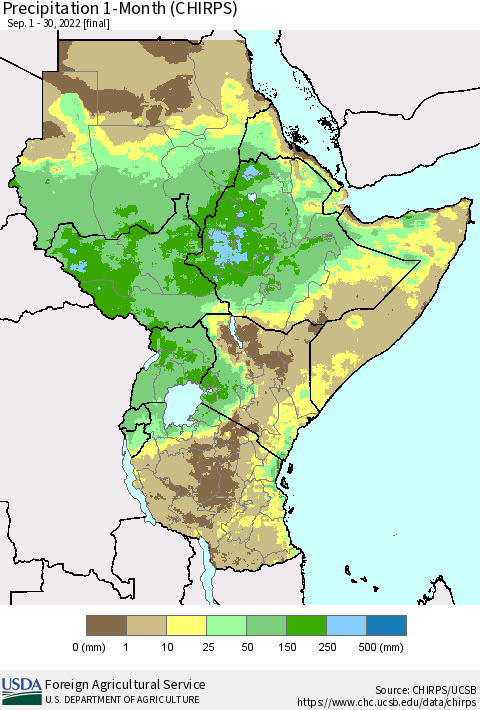 Eastern Africa Precipitation 1-Month (CHIRPS) Thematic Map For 9/1/2022 - 9/30/2022