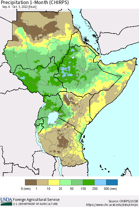 Eastern Africa Precipitation 1-Month (CHIRPS) Thematic Map For 9/6/2022 - 10/5/2022