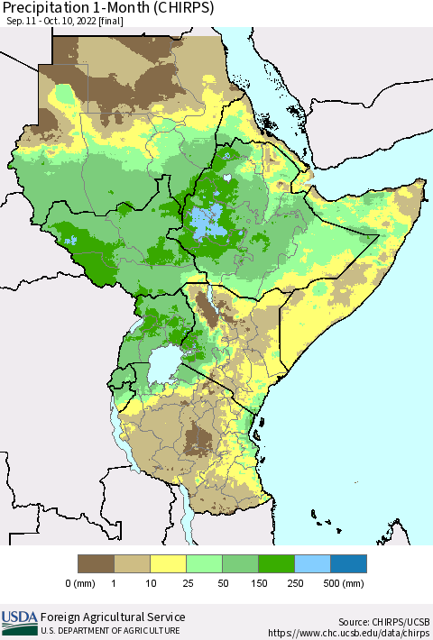 Eastern Africa Precipitation 1-Month (CHIRPS) Thematic Map For 9/11/2022 - 10/10/2022