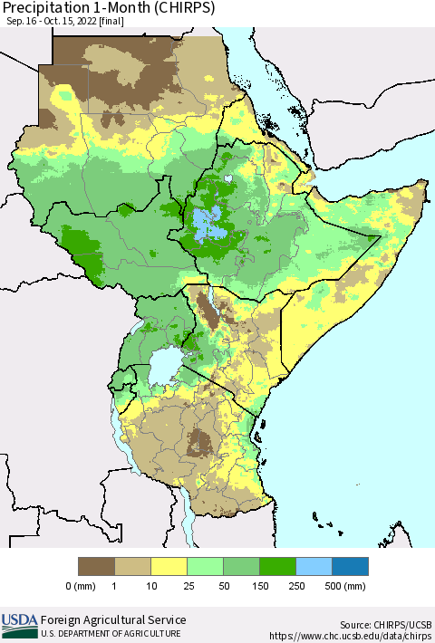 Eastern Africa Precipitation 1-Month (CHIRPS) Thematic Map For 9/16/2022 - 10/15/2022