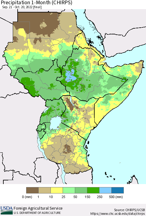 Eastern Africa Precipitation 1-Month (CHIRPS) Thematic Map For 9/21/2022 - 10/20/2022