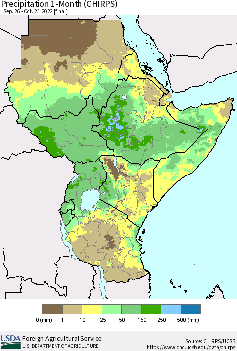 Eastern Africa Precipitation 1-Month (CHIRPS) Thematic Map For 9/26/2022 - 10/25/2022