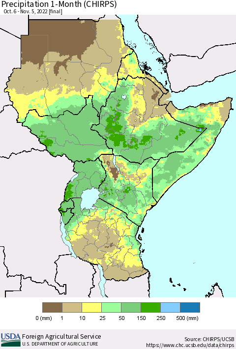 Eastern Africa Precipitation 1-Month (CHIRPS) Thematic Map For 10/6/2022 - 11/5/2022