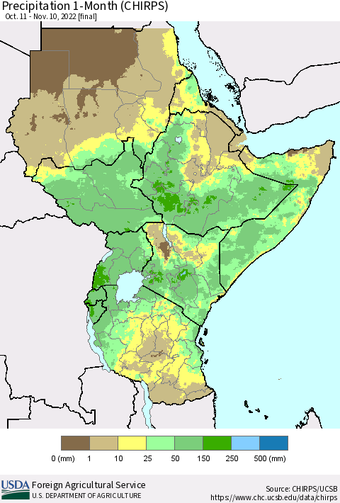 Eastern Africa Precipitation 1-Month (CHIRPS) Thematic Map For 10/11/2022 - 11/10/2022