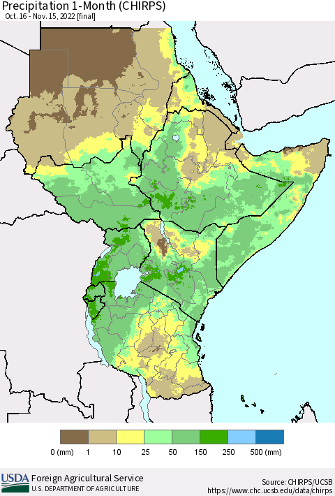 Eastern Africa Precipitation 1-Month (CHIRPS) Thematic Map For 10/16/2022 - 11/15/2022
