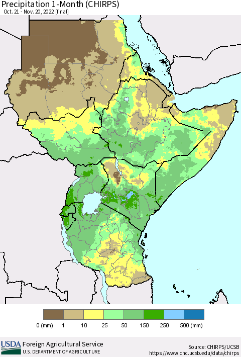 Eastern Africa Precipitation 1-Month (CHIRPS) Thematic Map For 10/21/2022 - 11/20/2022