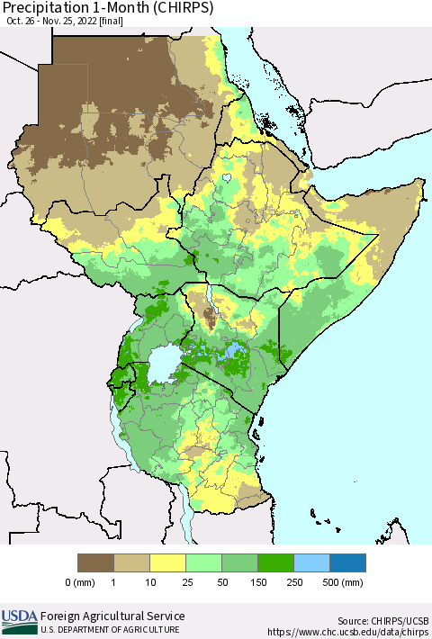 Eastern Africa Precipitation 1-Month (CHIRPS) Thematic Map For 10/26/2022 - 11/25/2022