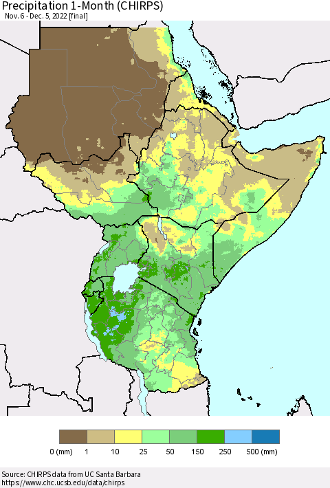 Eastern Africa Precipitation 1-Month (CHIRPS) Thematic Map For 11/6/2022 - 12/5/2022