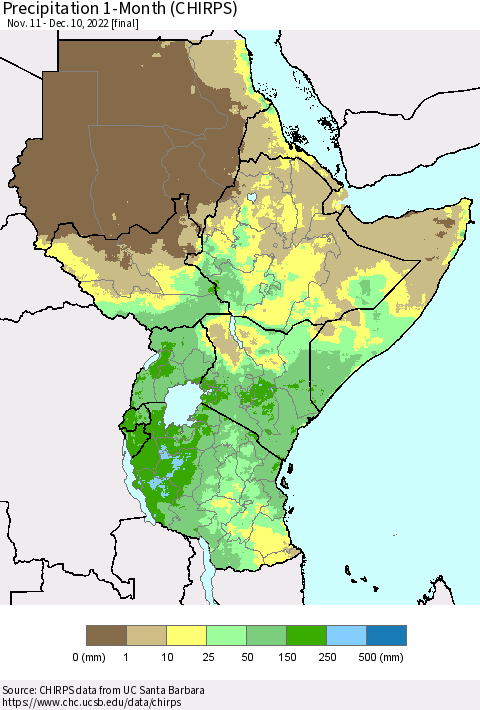 Eastern Africa Precipitation 1-Month (CHIRPS) Thematic Map For 11/11/2022 - 12/10/2022