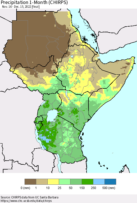 Eastern Africa Precipitation 1-Month (CHIRPS) Thematic Map For 11/16/2022 - 12/15/2022