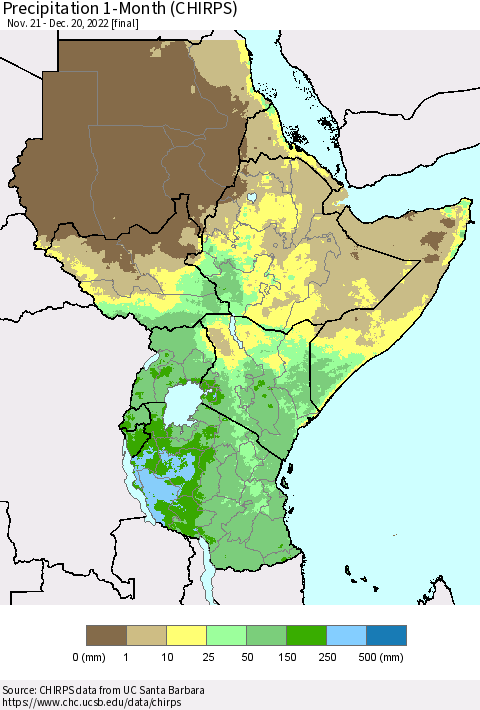 Eastern Africa Precipitation 1-Month (CHIRPS) Thematic Map For 11/21/2022 - 12/20/2022