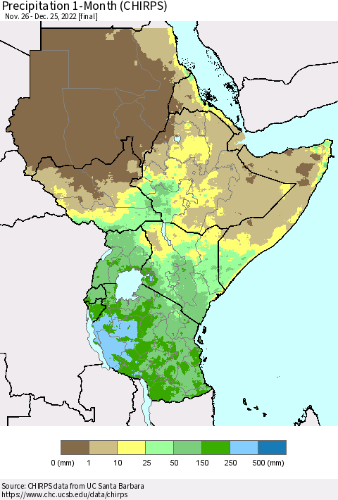 Eastern Africa Precipitation 1-Month (CHIRPS) Thematic Map For 11/26/2022 - 12/25/2022
