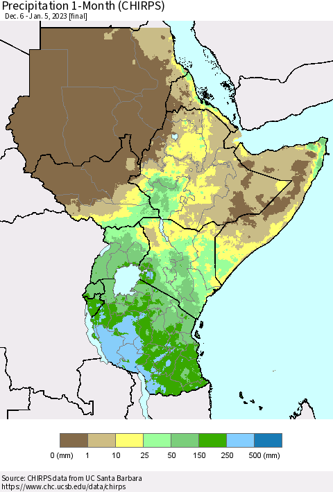 Eastern Africa Precipitation 1-Month (CHIRPS) Thematic Map For 12/6/2022 - 1/5/2023