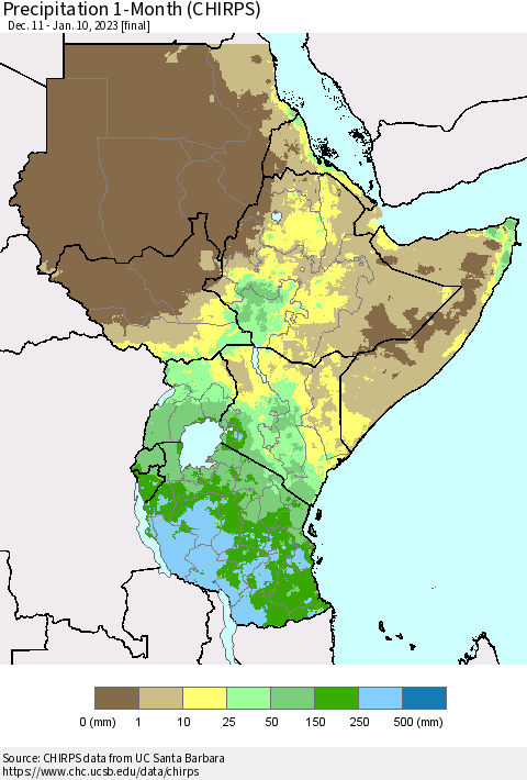 Eastern Africa Precipitation 1-Month (CHIRPS) Thematic Map For 12/11/2022 - 1/10/2023