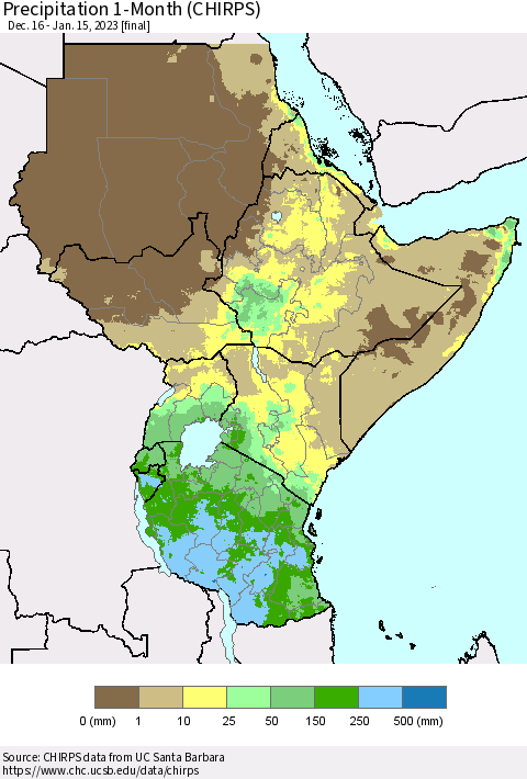 Eastern Africa Precipitation 1-Month (CHIRPS) Thematic Map For 12/16/2022 - 1/15/2023