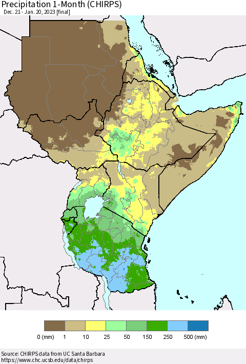 Eastern Africa Precipitation 1-Month (CHIRPS) Thematic Map For 12/21/2022 - 1/20/2023